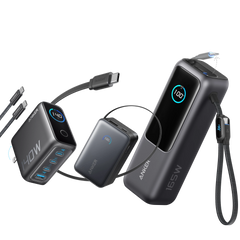 Anker Laptop Power Bank (25K, 165W, Built-In and Retractable Cables) and Anker Laptop Charger (140W, 4-Port, PD 3.1) with USB-C Cable and Anker Nano Power Bank (10K, 45W, Built-In Retractable USB-C Cable)