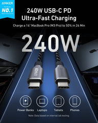 Anker Prime USB-C to USB-C Cable (240W, Upcycled-Braided, 2-Pack)