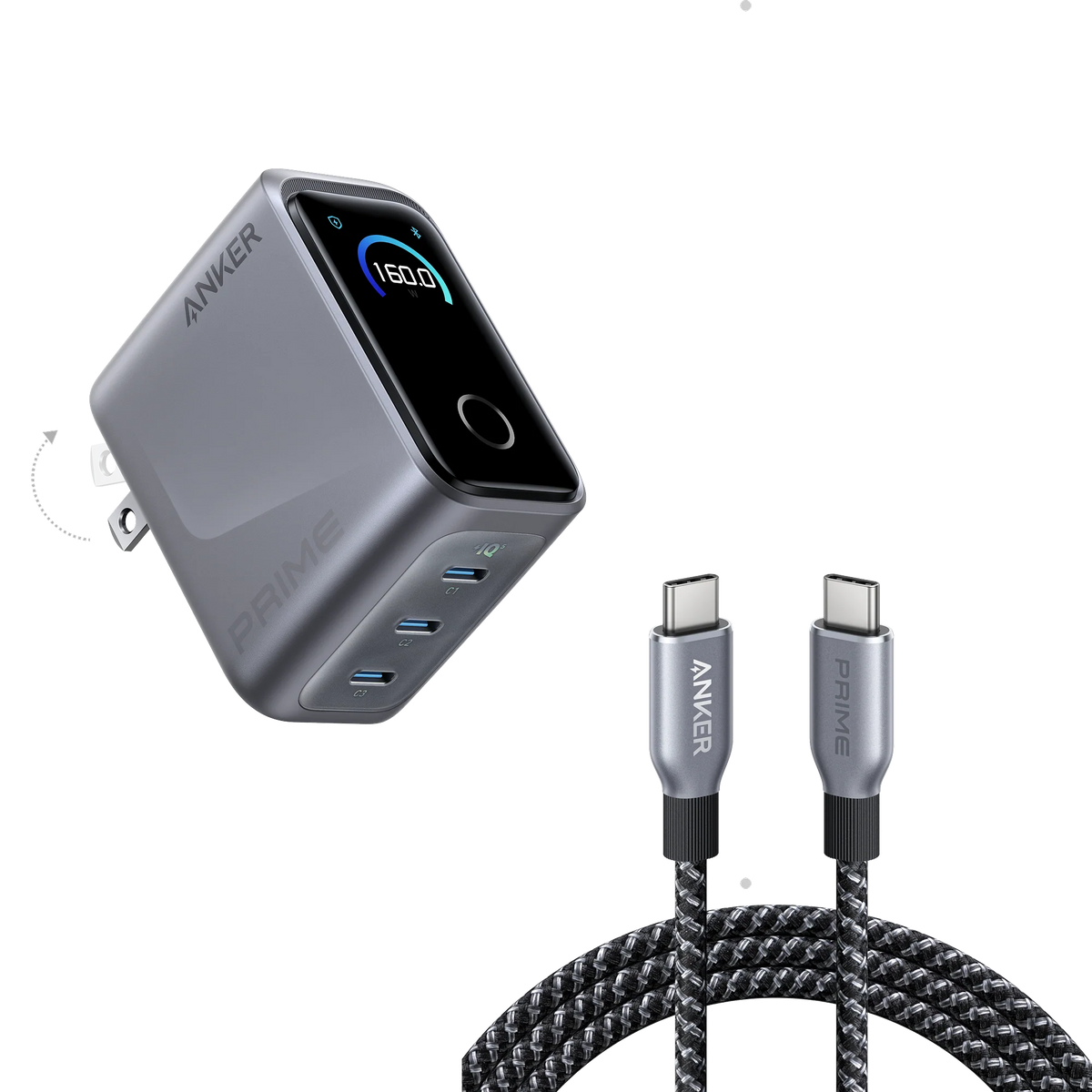 Anker Prime Charger (160W, 3 Ports, Smart Display) and Anker Prime USB-C to USB-C Cable (240W, Upcycled-Braided)